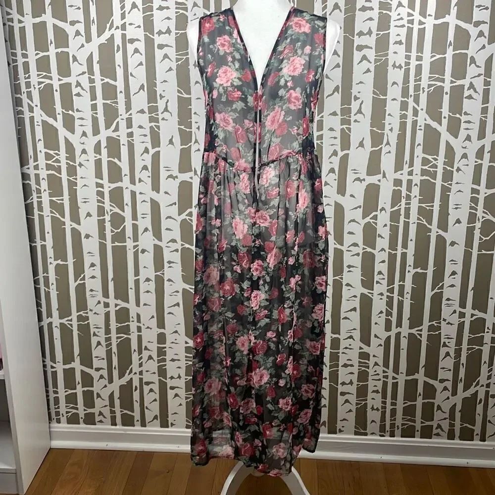 Foreign Exchange Long Sheer Rose Print Lace Back Open Front Maxi Vest Duster sz - Picture 6 of 10